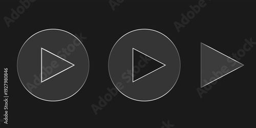 Glassmorphism Play Button Icons with Transparent Grid Background, Frosted Glass Multimedia Interface Elements
