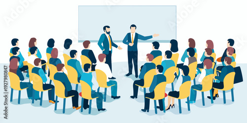 A business professional presents to a large audience in a conference hall