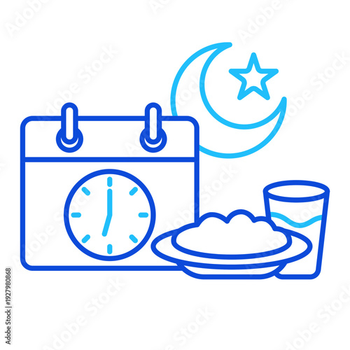 Ramadan Fasting Schedule Icon with Calendar Clock and Food