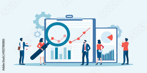 Business team analyzing data and growth charts with magnifying glass