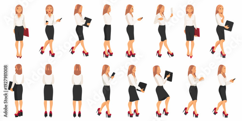 A collection of stylized businesswoman poses in various walking positions