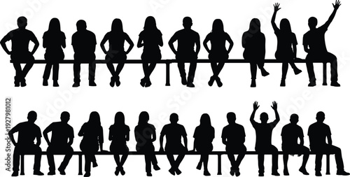 Large set of black silhouettes of people sitting on benches in rows with diverse postures and gestures for audience stadium event and community concepts