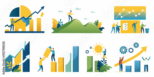 Illustrative scenes depicting business growth success and positive development