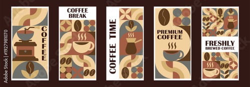Coffee Themed Geometric Banners Collection. Abstract geometric background. Coffee icons, design with simple shapes for coffee shops, product packaging, cafe