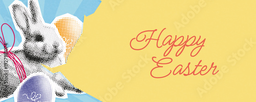 Happy Easter banner halftone collage. trendy modern cutout paper design with cute bunny and easter eggs