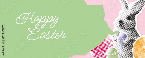 Happy Easter banner halftone collage. trendy modern cutout paper design with cute rabbit and easter eggs