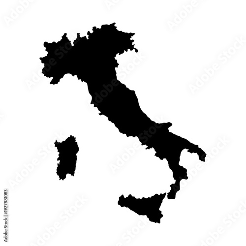 Black silhouette of the country of Italy, showing its distinctive boot shape with islands of Sardinia and Sicily, a representation of European geography and travel destinations