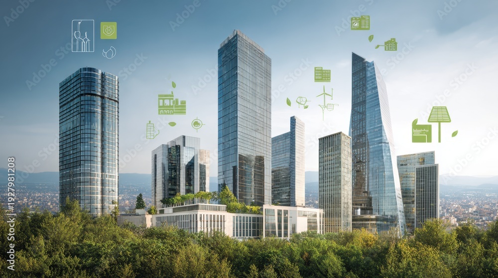 Obraz premium Modern urban skyline with eco-friendly designs and green architecture elements surrounded by trees and nature
