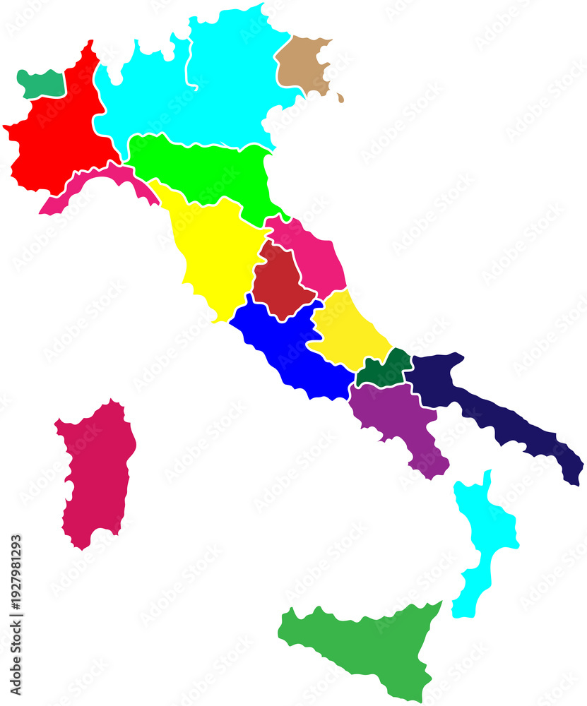 Fototapeta premium Colorful map of Italy divided into regions, showing geographical and administrative divisions