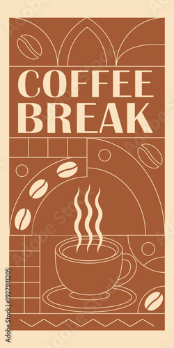 Coffee Themed Geometric Banners Collection. Hand drawn illustration of Coffee. Abstract geometric line background. Coffee icons, with simple shapes for coffee shops, product packaging, cafe