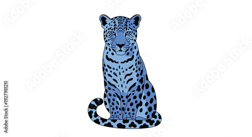A striking vector illustration depicts a sitting blue leopard with black spots and piercing blue eyes, facing forward on a stark white background.