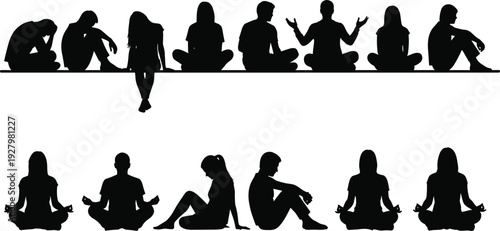 Set of black silhouettes of people sitting in various poses including meditation and contemplation for mental health wellness relaxation and emotional stress concepts