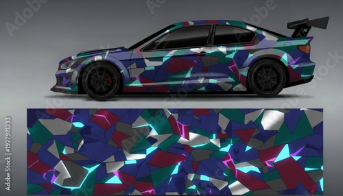 Custom car wrap design featuring a vibrant geometric shattered pattern on a sporty coupe with a large rear spoiler.
