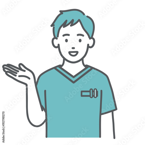 案内・紹介をするスクラブ姿の男性医療従事者のイラスト（上半身）