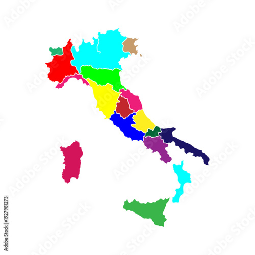 Map of Italy divided into regions, each region is colored differently to distinguish it from its neighbors on this political map