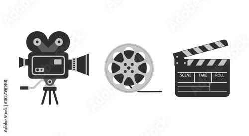 A vintage film camera on a tripod, a film reel, and an open clapperboard are arranged horizontally on a pristine white background.