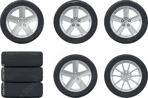 Car Wheels and Tires Collection Illustration Realistic Vehicle Parts Automobile Rims Black Rubber Texture Spare Tire Auto Service Concept
