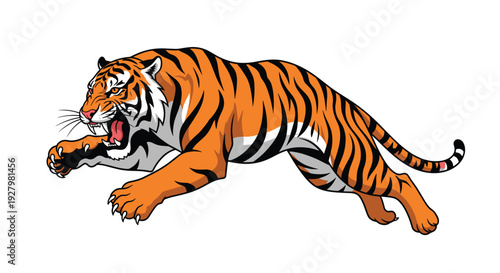 A ferocious orange and black striped tiger illustration with sharp claws is captured mid-leap, roaring aggressively on a pristine white background.