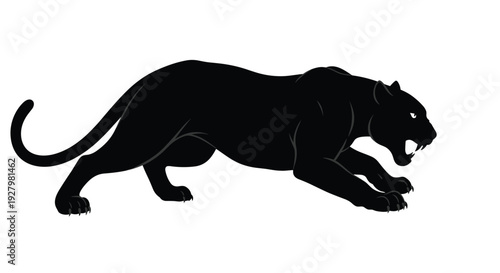 A powerful black panther illustration with glowing yellow eyes and sharp fangs is depicted in a dynamic pouncing stance on a clean white backdrop.
