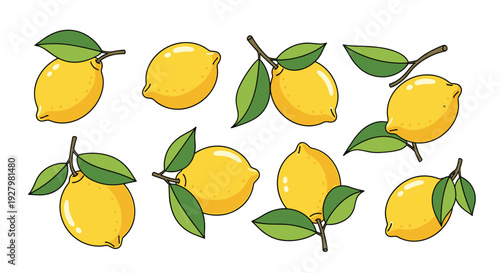 Eight cartoon-style lemons, some with vibrant green leaves and small branches, are dynamically scattered across a plain white background.