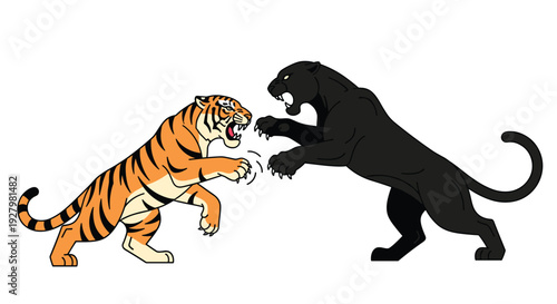 A cartoon-style tiger with orange and black stripes and a sleek black panther face each other in an aggressive, confrontational stance on a plain white background.
