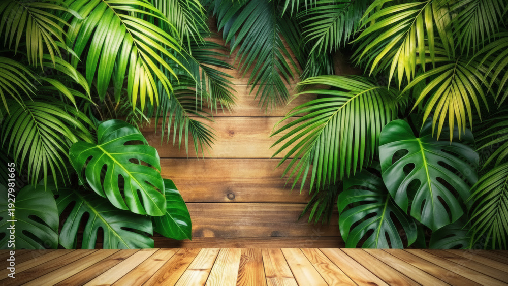 Fototapeta premium Tropical Foliage on Rustic Wood Background