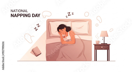 National Napping Day Peaceful Person Sleeping on Cozy Bed with Pillows and Blanket Vector Illustration