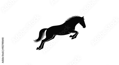 A powerful black silhouette of a horse is captured in a dynamic jumping pose, with its mane and tail flowing, against a stark white backdrop.
