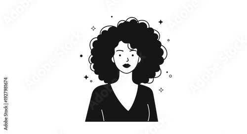 A minimalist black and white illustration portrays a woman with voluminous curly afro hair and subtle sparkling accents on a clean white backdrop.