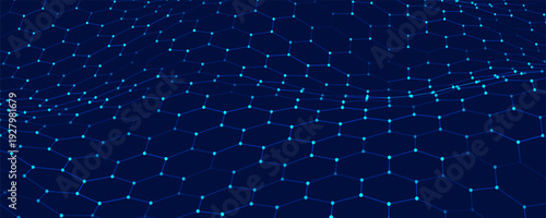 A vibrant hexagonal grid gently curves like a living digital fabric. A futuristic hexagonal background. Glowing nodes are connected by lines, forming a honeycomb structure.