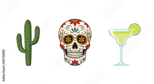 A green cactus, a colorful sugar skull, and a lime margarita glass are arranged horizontally on a clean white background.