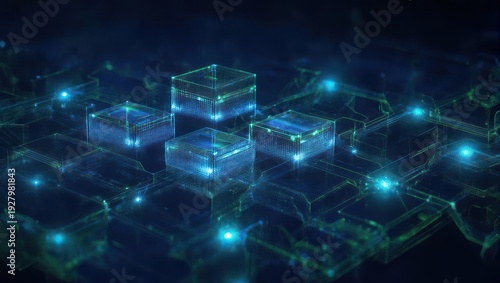 Futuristic Digital Network with Glowing Blue Cubes and Interconnected Lines Representing Data Flow and Advanced Technology.