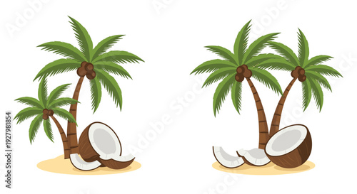 Two groups of cartoon-style coconut palm trees with split coconuts and green leaves stand on sand patches against a clean white background.