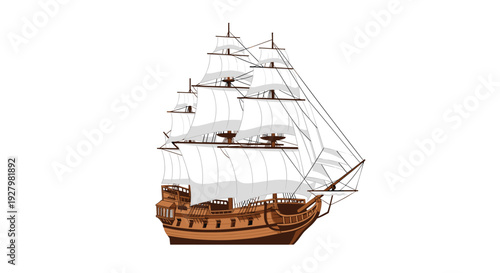 A detailed vector illustration depicts a grand wooden sailing ship with multiple white sails and intricate rigging, positioned on a clean white background.