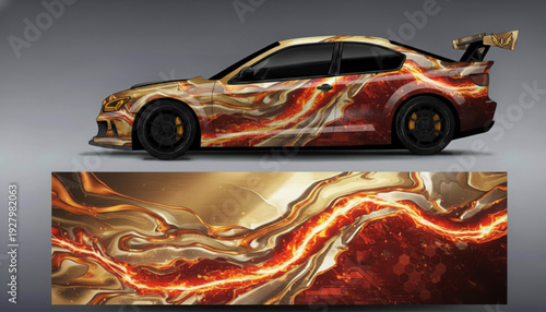 High-performance sports car with a custom fiery and molten gold abstract graphic wrap design displayed on a grey background.