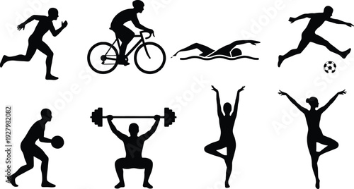 Comprehensive Sports and Athletic Silhouette Set with Black and White Vector Symbols of Running Cycling Swimming Soccer Basketball Weightlifting Yoga and Gymnastics for Fitness and Health Concept