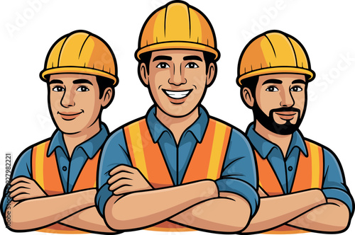 Group of Construction Workers Cartoon Illustration Smiling Builders Wearing Safety Helmets Strong Men Teamwork Concept Editable Vector Design