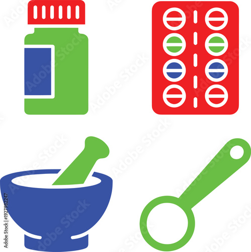 Pharmaceutical and medical icons, pill bottle, blister pack, mortar pestle, spoon