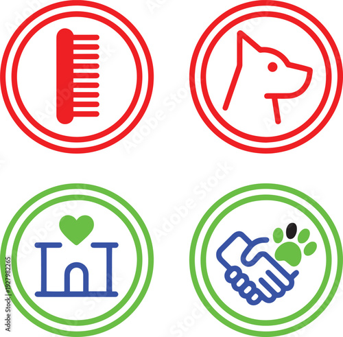 Pet grooming and animal care icons set featuring brush dog house and animal rescue symbols