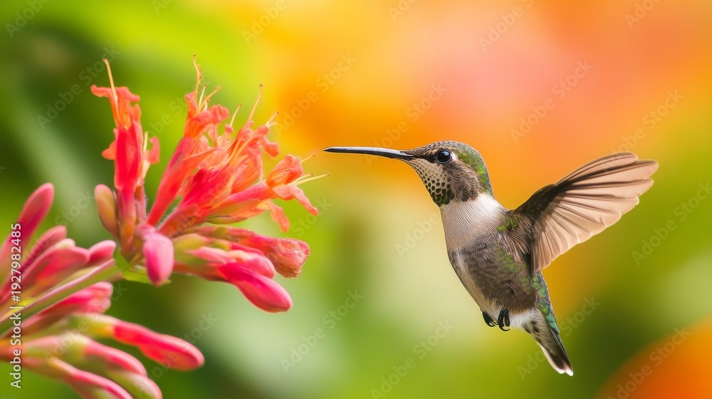 Obraz premium Hummingbird perched on bright flower with its beak open in a garden during daylight
