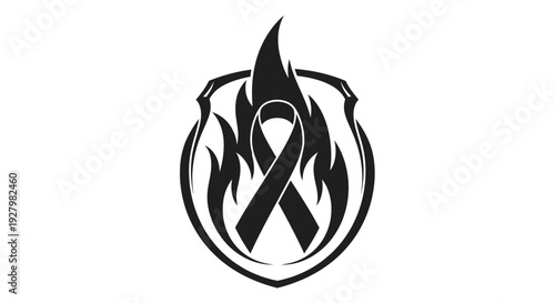 Black awareness ribbon surrounded by flames in a circular shield emblem.