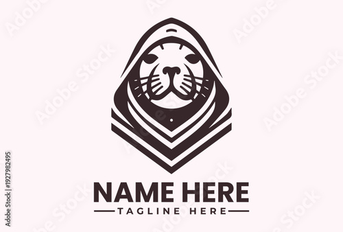 A stylized illustration of a lion's head wearing a hooded cloak with a placeholder name and tagline on a pale background, featuring a logo, vector design, and pictogram elements.
