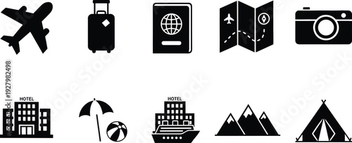 Comprehensive Travel and Vacation Icon Set with Black and White Vector Symbols of Airplane Luggage Passport Map Camera Hotel Beach Cruise Ship Mountains and Tent for Global Tourism and Holiday Concept