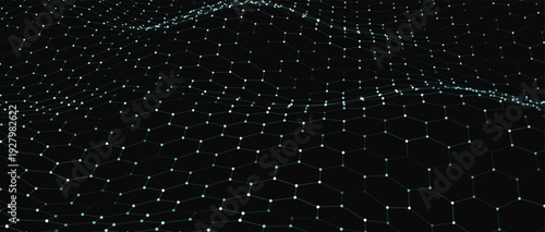 A monochrome hexagonal grid spreads out in the darkness, maintaining a strict rhythm and order. A futuristic hexagonal background. Honeycomb patterns create a sense of hidden structure and mathematica