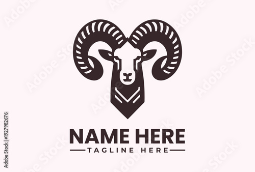 A logo featuring a stylized ram's head with curved horns and a beard, accompanied by placeholder text for a name and tagline on a light pink background, in a vector illustration style.
