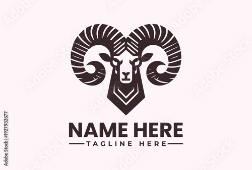 A black and white illustration of a ram's head with large horns and a placeholder text for a logo or brand name on a light pink background.