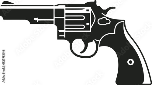 A black and white image of a revolver handgun