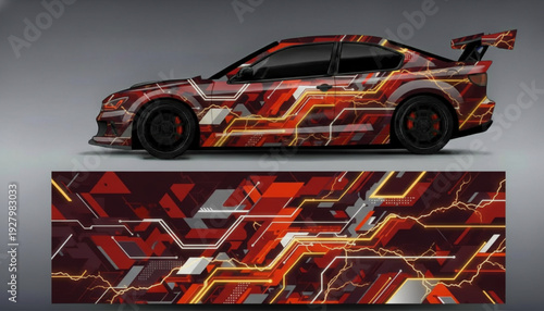 Custom car wrap design featuring abstract geometric patterns and circuit board-like lines in red, orange, and yellow tones.