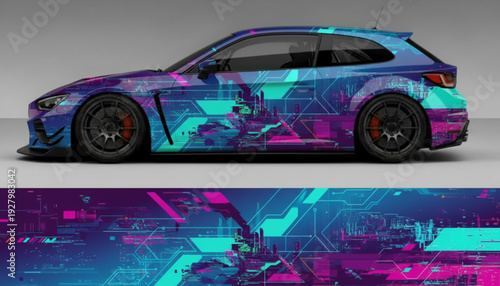 Futuristic blue and purple digital glitch art car wrap design on a modern sports hatchback.