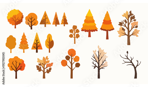 Vibrant fall season trees vector set with decorative autumn landscape elements isolated